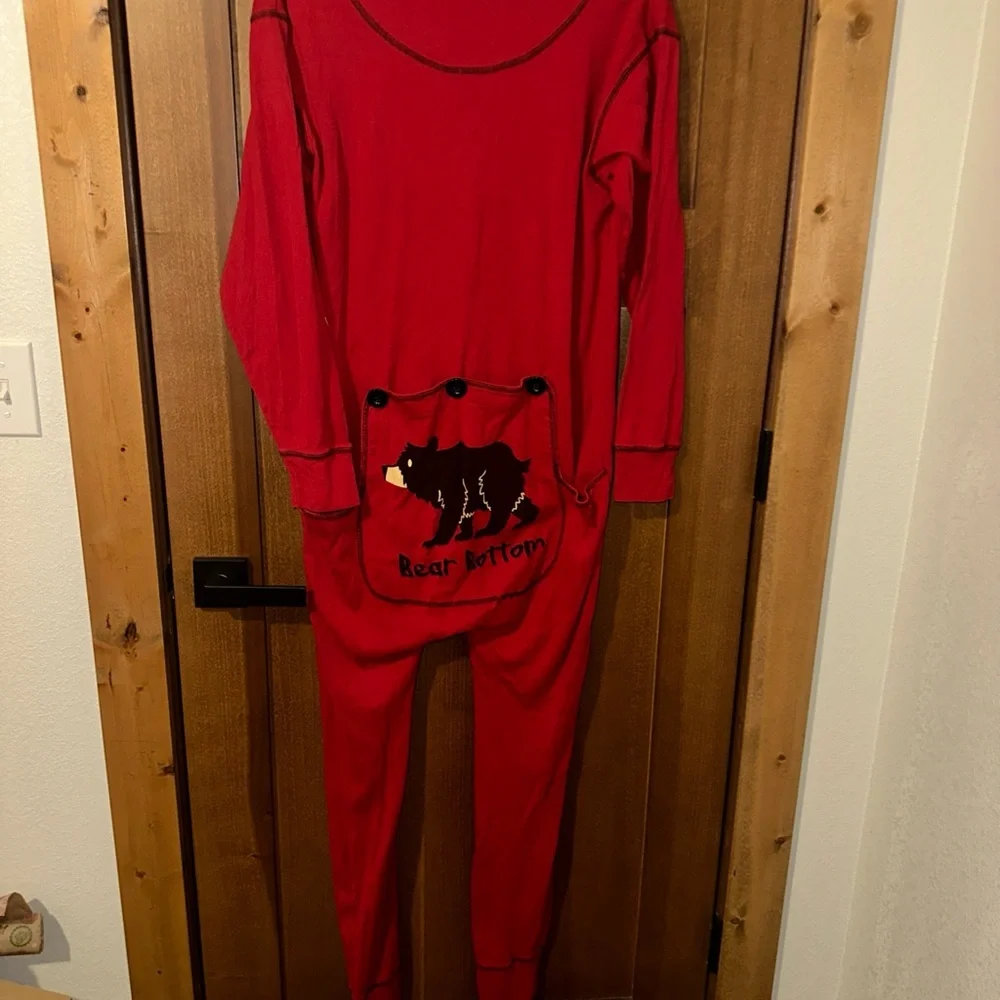 Lazy One‎ Bear Bum Flapjack Pajamas XL Union Suit Romper Red Cotton Long Johns